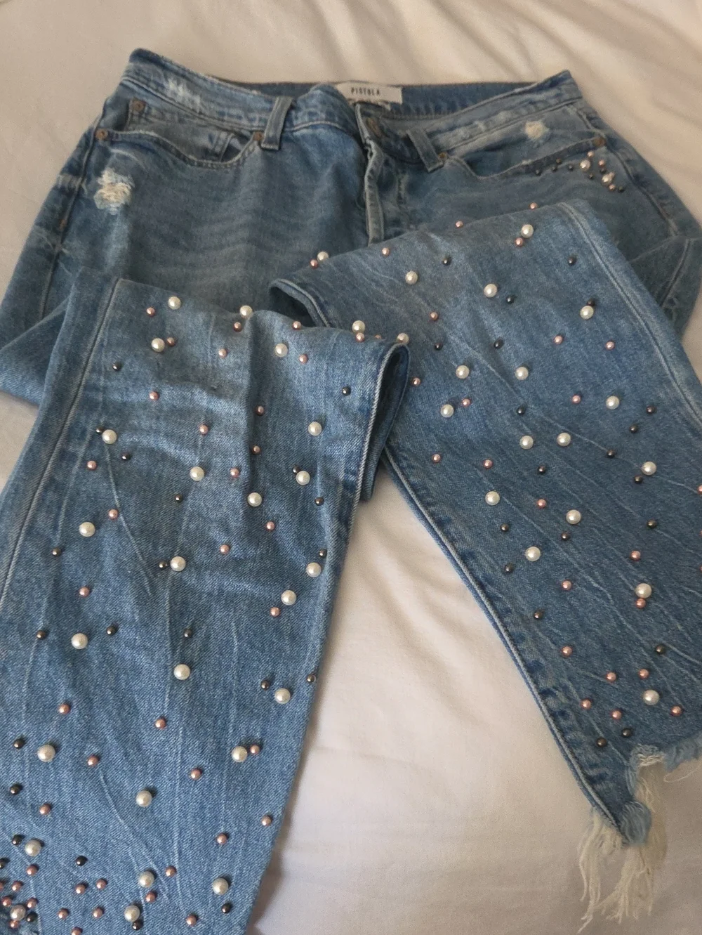 Pistola Women’s Light Blue Distressed Pearl-Embellished Jeans